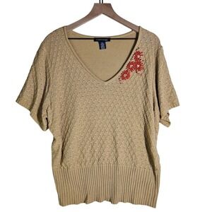 Boho Beaded Short Sleeve Sweater Top V-Neck Women's 2X‎ Plus Tan Orange
